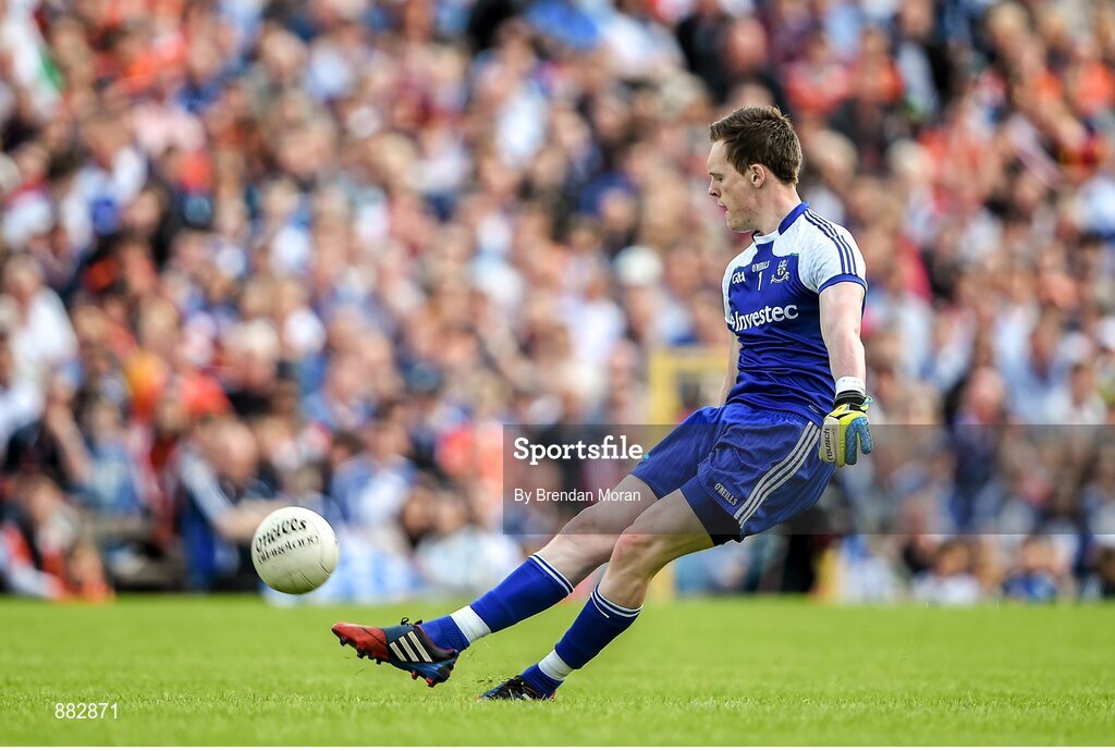 28 June 2014; Rory Beggan, Monaghan, takes a free kick. Ulster GAA Football Senior Championship, Semi-Final, Armagh v Monaghan, St Tiernach's Park, Clones, Co. Monaghan. Picture credit: Brendan Moran / SPORTSFILE