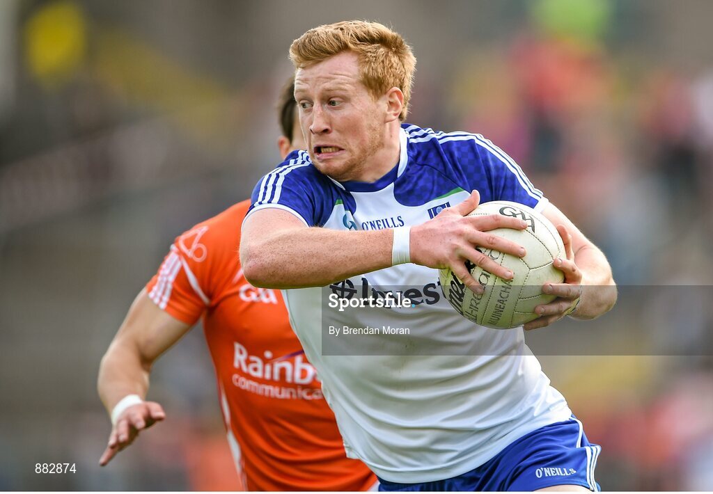 28 June 2014; Kieran Hughes, Monaghan, in action against Armagh. Ulster GAA Football Senior Championship, Semi-Final, Armagh v Monaghan, St Tiernach's Park, Clones, Co. Monaghan. Picture credit: Brendan Moran / SPORTSFILE