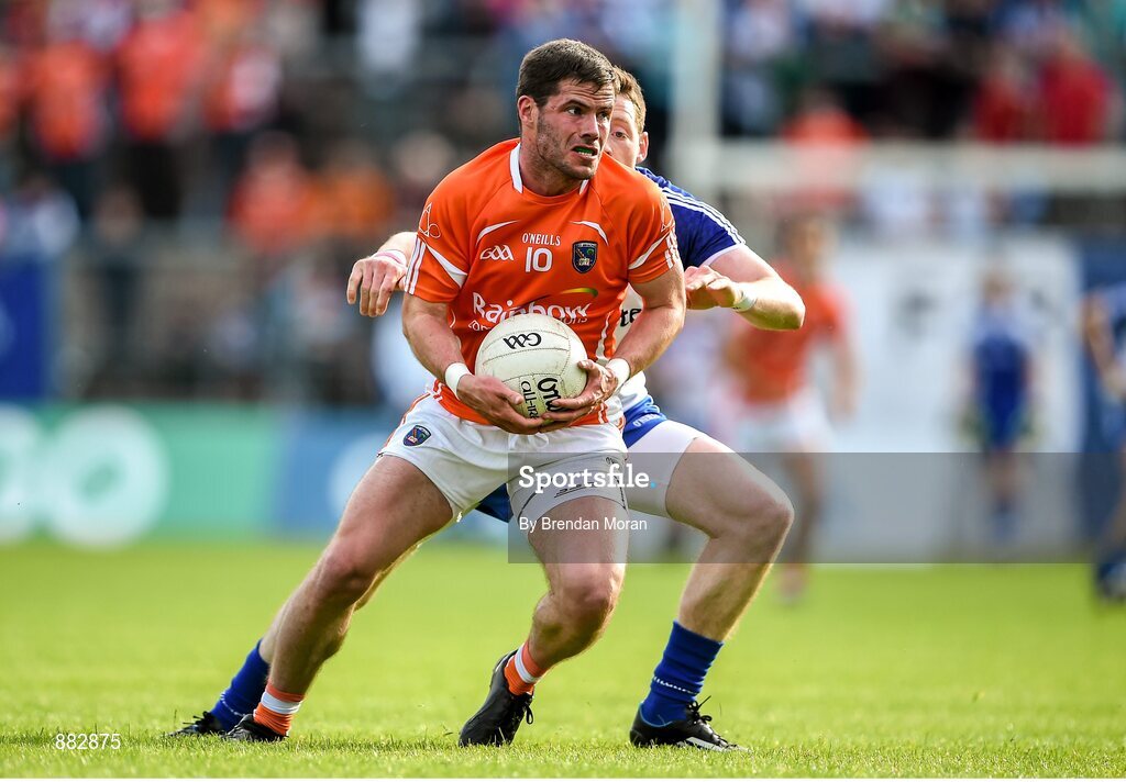 28 June 2014; Eugene McVerry, Armagh, in action against Conor McManus, Monaghan. Ulster GAA Football Senior Championship, Semi-Final, Armagh v Monaghan, St Tiernach's Park, Clones, Co. Monaghan. Picture credit: Brendan Moran / SPORTSFILE