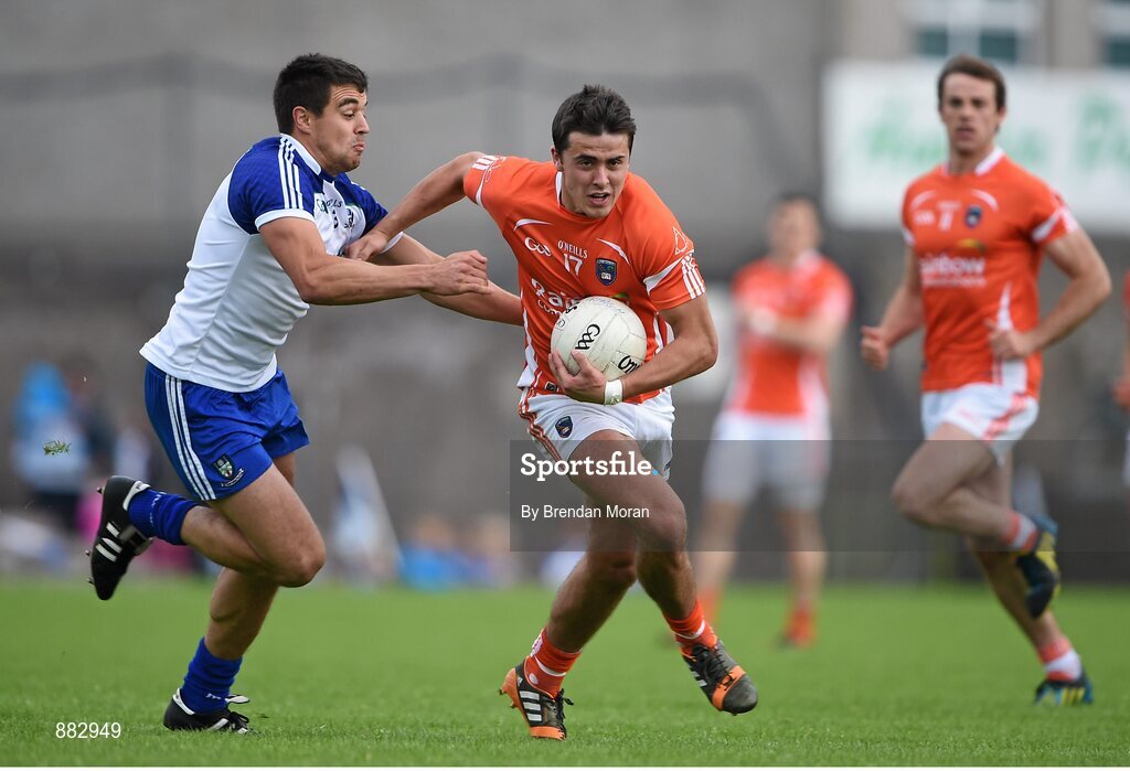 28 June 2014; Stefan Campbell, Armagh, in action against Drew Wylie, Monaghan. Ulster GAA Football Senior Championship, Semi-Final, Armagh v Monaghan, St Tiernach's Park, Clones, Co. Monaghan. Picture credit: Brendan Moran / SPORTSFILE