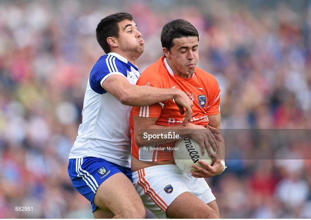 28 June 2014; Stefan Campbell, Armagh, in action against Drew Wylie, Monaghan. Ulster GAA Football Senior Championship, Semi-Final, Armagh v Monaghan, St Tiernach's Park, Clones, Co. Monaghan. Picture credit: Brendan Moran / SPORTSFILE