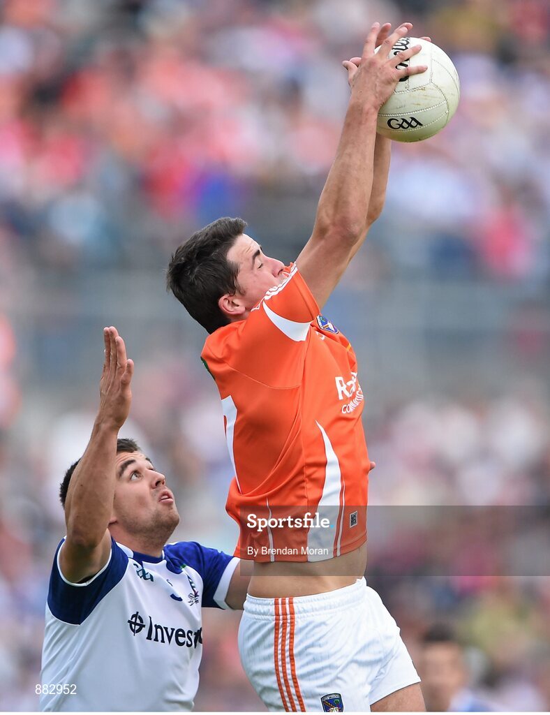 28 June 2014; Stefan Campbell, Armagh, in action against Drew Wylie, Monaghan. Ulster GAA Football Senior Championship, Semi-Final, Armagh v Monaghan, St Tiernach's Park, Clones, Co. Monaghan. Picture credit: Brendan Moran / SPORTSFILE