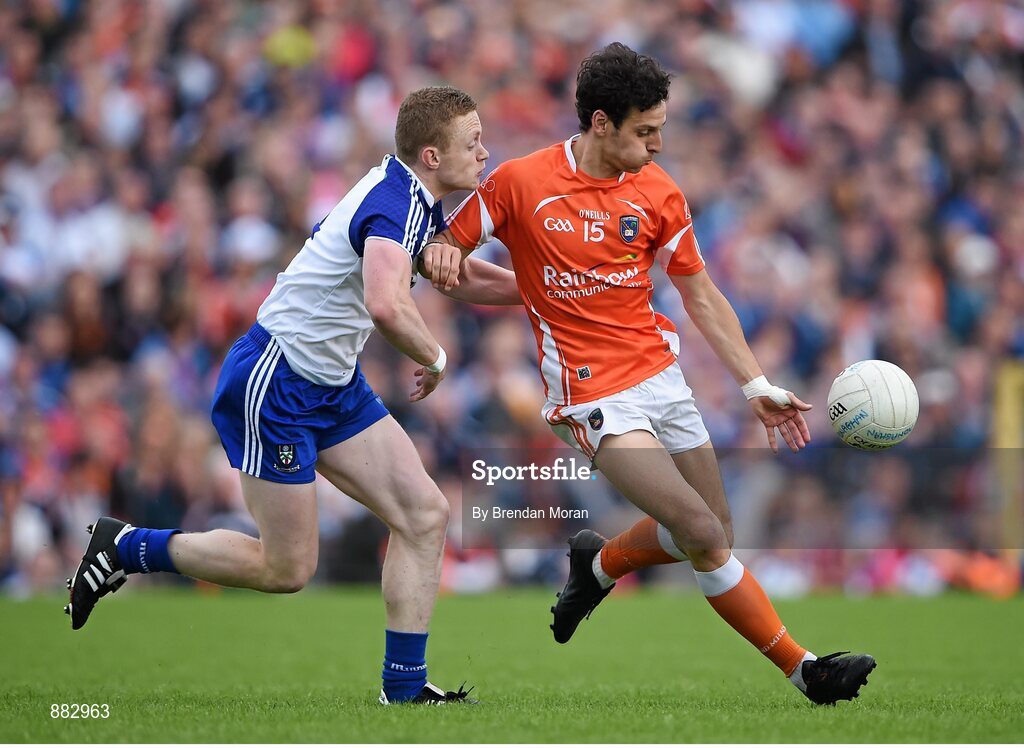 28 June 2014; Jamie Clarke, Armagh, in action against Colin Walshe, Monaghan. Ulster GAA Football Senior Championship, Semi-Final, Armagh v Monaghan, St Tiernach's Park, Clones, Co. Monaghan. Picture credit: Brendan Moran / SPORTSFILE