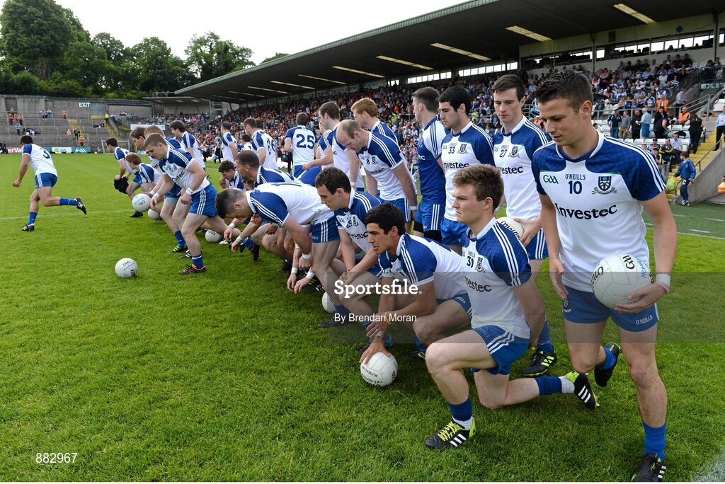 28 June 2014; The Monaghan team break away from their team photo before the game. Ulster GAA Football Senior Championship, Semi-Final, Armagh v Monaghan, St Tiernach's Park, Clones, Co. Monaghan. Picture credit: Brendan Moran / SPORTSFILE