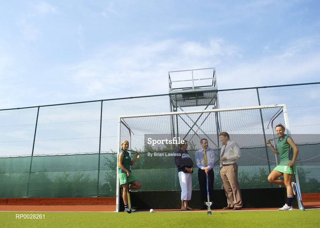 20 July 2006; Sean Kelly, centre, newly appointed Executive Chairman of the The Irish Institute of Sport, with Paul Varian, Chief Executive, Irish Hockey Association, Siobhan Smyth, second from left, U16 Hockey Manager, Nicola Evans, right, Vice-Captain, and Chloe Watkins, left, members of the Ireland U16 girls hockey team who recently won bronze medal in the EuroHockey Youth Nations Championships in Valencia, Spain. Belfield, UCD, Dublin. Picture credit: Brian Lawless / SPORTSFILE