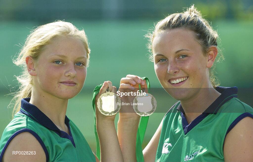 20 July 2006; Nicola Evans, right, Vice-Captain, and Chloe Watkins, members of the Ireland U16 girls hockey team who recently won bronze medal in the EuroHockey Youth Nations Championships in Valencia, Spain. Belfield, UCD, Dublin. Picture credit: Brian Lawless / SPORTSFILE
