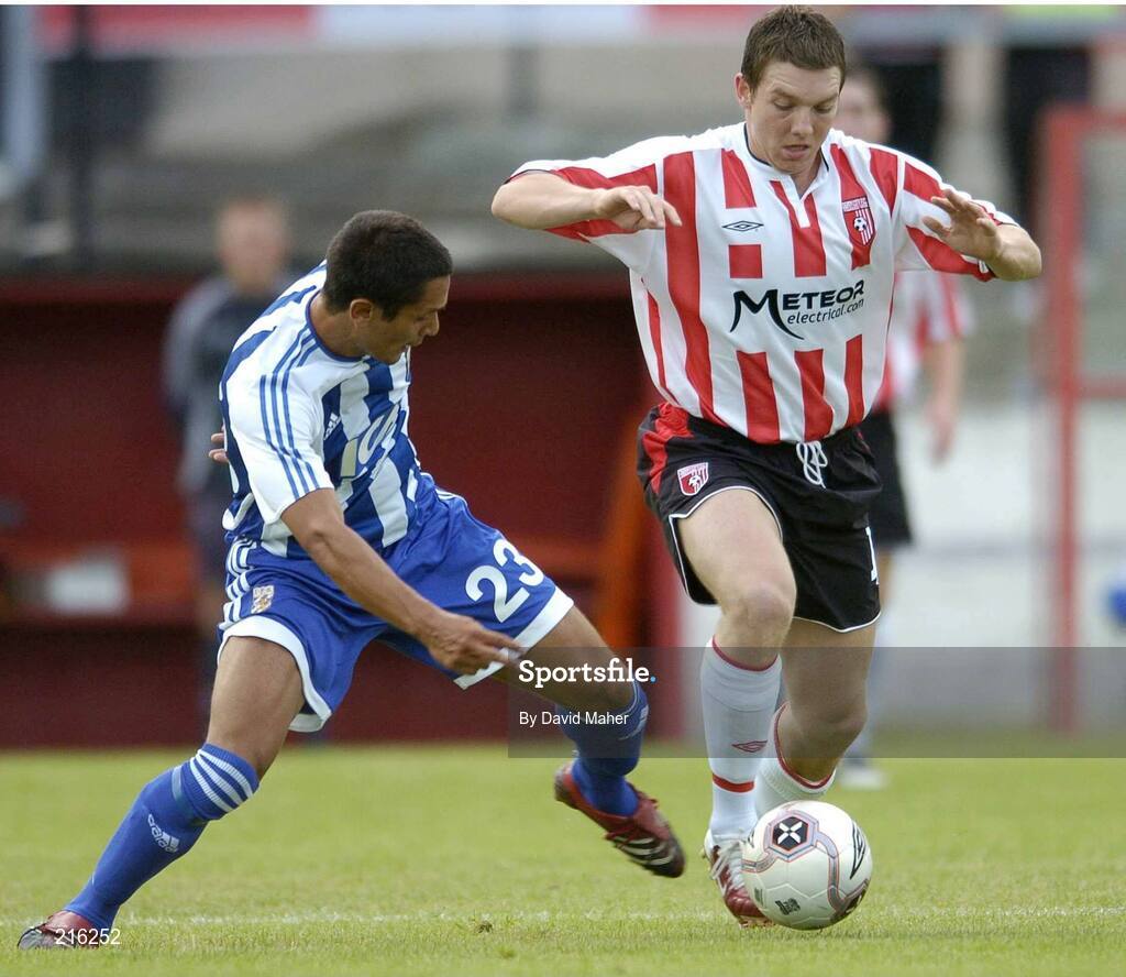 27 July 2006; Kevin Deery, Derry City, in action against Andres Vasquez, IFK Gothenburg. UEFA Cup 1st Round, 2nd Leg, Derry City v IFK Gothenburg, Brandywell, Derry. Picture credit; David Maher / SPORTSFILE