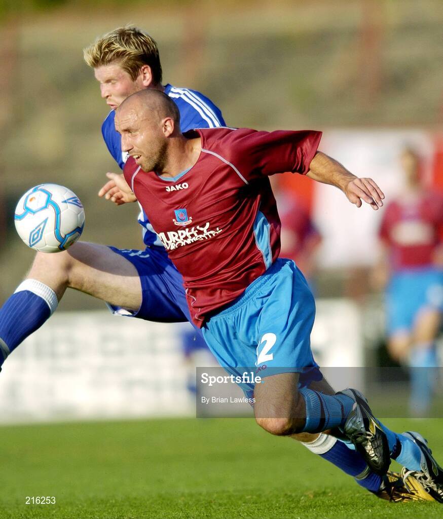 27 July 2006; Tony Grant, Drogheda United, in action against Aho Tuomas, HJK Helsinki. UEFA Cup 1st Round, 2nd Leg, Drogheda United v HJK Helsinki, Dalymount Park, Dublin. Picture credit; Brian Lawless / SPORTSFILE
