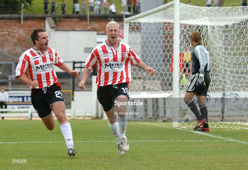 27 July 2006; Stephen O'Flynn, Derry City, celebrates with his team-mate Darren Kelly, left, after scoring their side's first goal. UEFA Cup 1st Round, 2nd Leg, Derry City v IFK Gothenburg, Brandywell, Derry. Picture credit; David Maher / SPORTSFILE