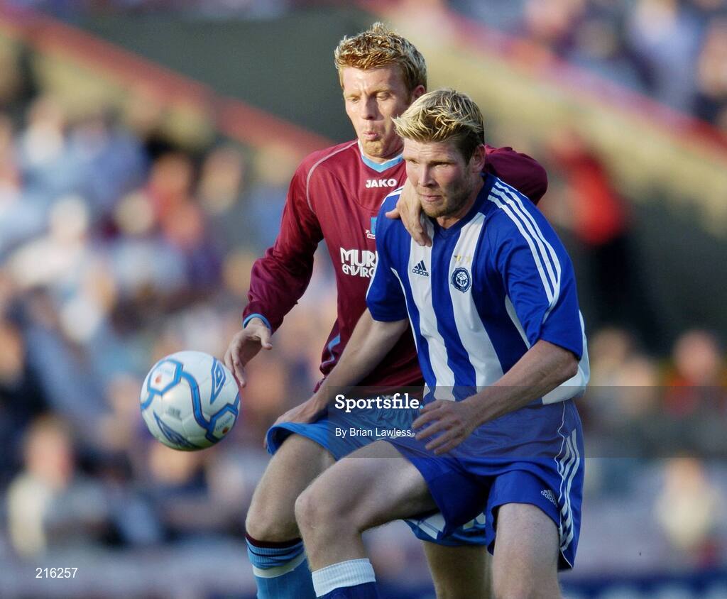 27 July 2006; Glen Fitzpatrick, Drogheda United, in action against Aho Tuomas, HJK Helsinki. UEFA Cup 1st Round, 2nd Leg, Drogheda United v HJK Helsinki, Dalymount Park, Dublin. Picture credit; Brian Lawless / SPORTSFILE