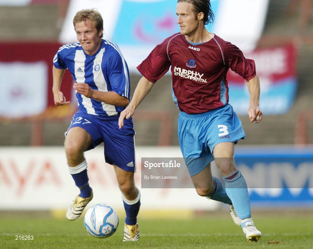 27 July 2006; Simon Webb, Drogheda United, in action against Sebastien Sorsa, HJK Helsinki. UEFA Cup 1st Round, 2nd Leg, Drogheda United v HJK Helsinki, Dalymount Park, Dublin. Picture credit; Brian Lawless / SPORTSFILE