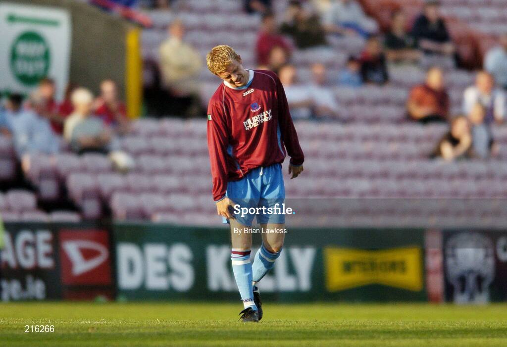 27 July 2006; Glen Fitzpatrick, Drogheda United, reacts to HJK Helsinki's first goal. UEFA Cup 1st Round, 2nd Leg, Drogheda United v HJK Helsinki, Dalymount Park, Dublin. Picture credit; Brian Lawless / SPORTSFILE