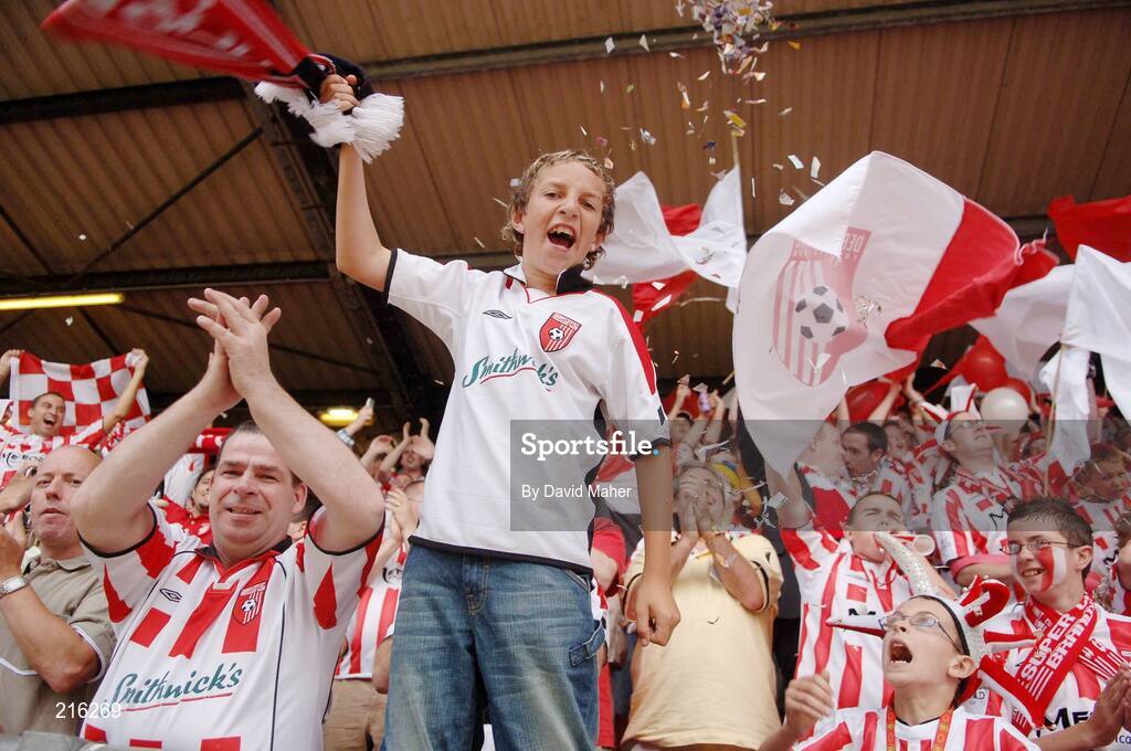 27 July 2006; Derry City supporters cheer on their team. UEFA Cup 1st Round, 2nd Leg, Derry City v IFK Gothenburg, Brandywell, Derry. Picture credit; David Maher / SPORTSFILE