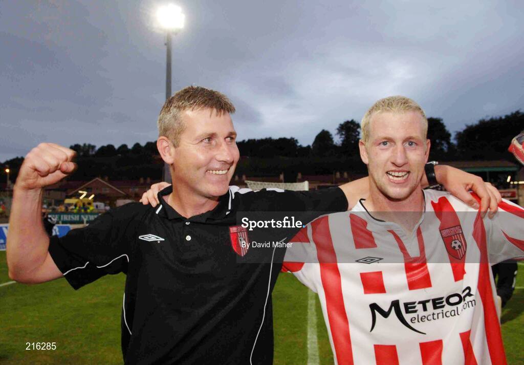 27 July 2006;  Derry City manager Stephen Kenny celebrates with goal scorer Stephen O'Flynn. UEFA Cup 1st Round, 2nd Leg, Derry City v IFK Gothenburg, Brandywell, Derry. Picture credit; David Maher / SPORTSFILE