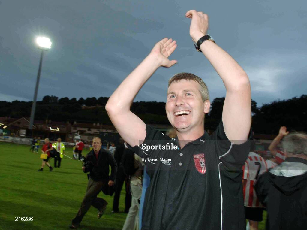 27 July 2006; Derry City manager Stephen Kenny celebrates at the end of the game. UEFA Cup 1st Round, 2nd Leg, Derry City v IFK Gothenburg, Brandywell, Derry. Picture credit; David Maher / SPORTSFILE