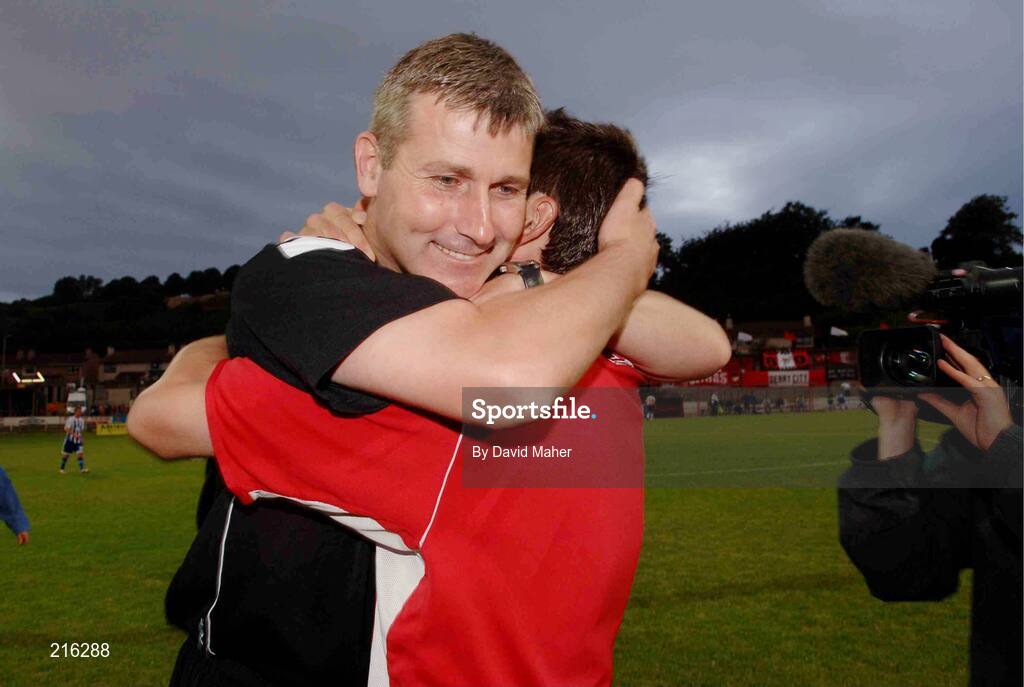 27 July 2006; Derry City manager Stephen Kenny celebrates at then end of the game. UEFA Cup 1st Round, 2nd Leg, Derry City v IFK Gothenburg, Brandywell, Derry. Picture credit; David Maher / SPORTSFILE