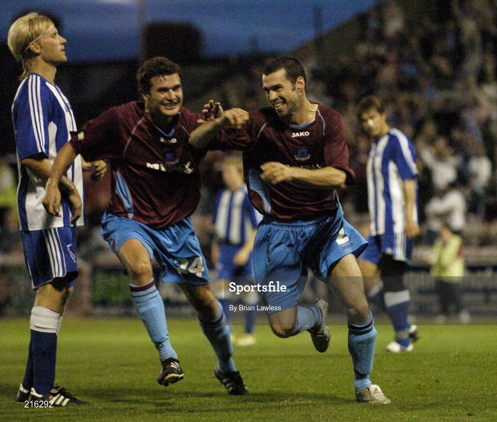 27 July 2006; Damian Lynch, Drogheda United, celebrates with team-mate Shane Barrett, left, after scoring side's third goal from the penalty spot. UEFA Cup 1st Round, 2nd Leg, Drogheda United v HJK Helsinki, Dalymount Park, Dublin. Picture credit; Brian Lawless / SPORTSFILE