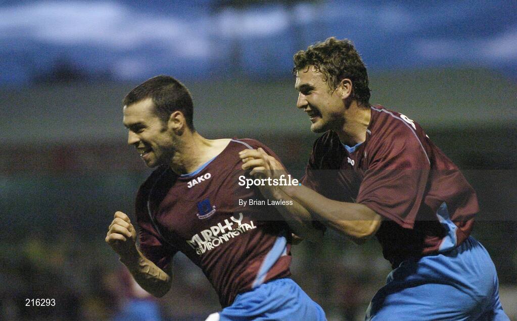 27 July 2006; Damian Lynch, Drogheda United, celebrates with team-mate Shane Barrett, right, after scoring side's third goal from the penalty spot. UEFA Cup 1st Round, 2nd Leg, Drogheda United v HJK Helsinki, Dalymount Park, Dublin. Picture credit; Brian Lawless / SPORTSFILE
