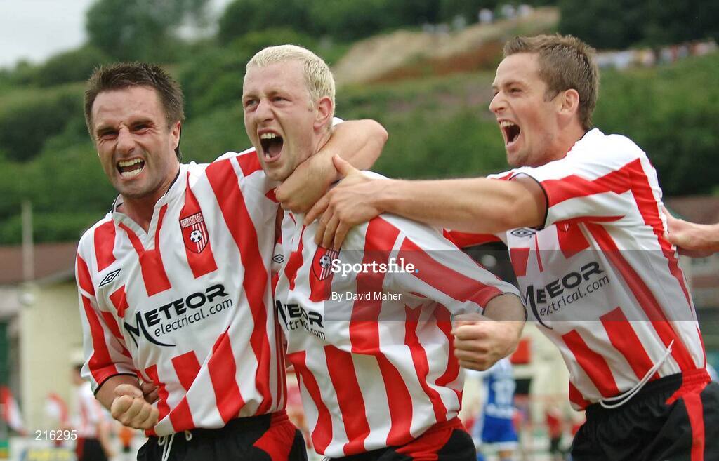 27 July 2006; Stephen O'Flynn, centre, Derry City, celebrates with team-mates, Darren Kelly, left, and Kevin McHugh, after scoring his side's first goal. UEFA Cup 1st Round, 2nd Leg, Derry City v IFK Gothenburg, Brandywell, Derry. Picture credit; David Maher / SPORTSFILE