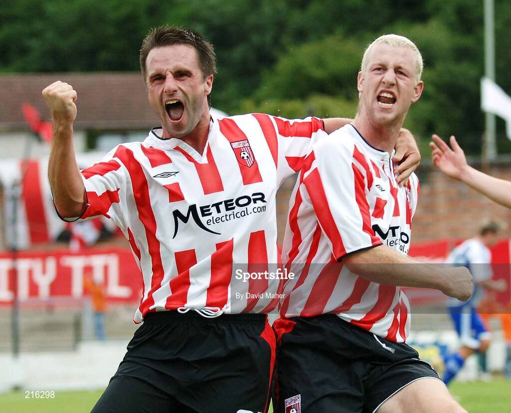 27 July 2006; Stephen O'Flynn, right, Derry City, celebrates with team-mate, Darren Kelly, after scoring his sides first goal. UEFA Cup 1st Round, 2nd Leg, Derry City v IFK Gothenburg, Brandywell, Derry. Picture credit; David Maher / SPORTSFILE