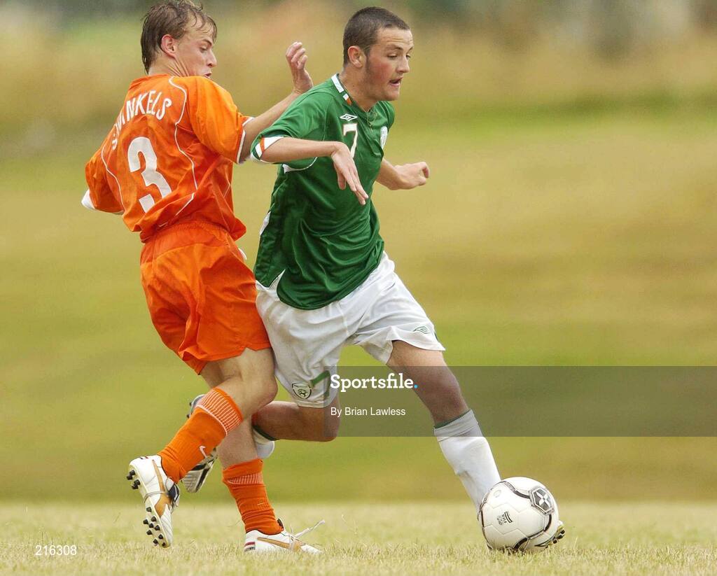 28 July 2006; Gary Messett, Republic of Ireland, in action against John Swinkels, Netherlands. Cerebral Palsy European Soccer Championships, 3rd / 4th place play-off, Republic of Ireland v Netherlands, Belfield Bowl, UCD, Dublin. Picture credit: Brian Lawless / SPORTSFILE