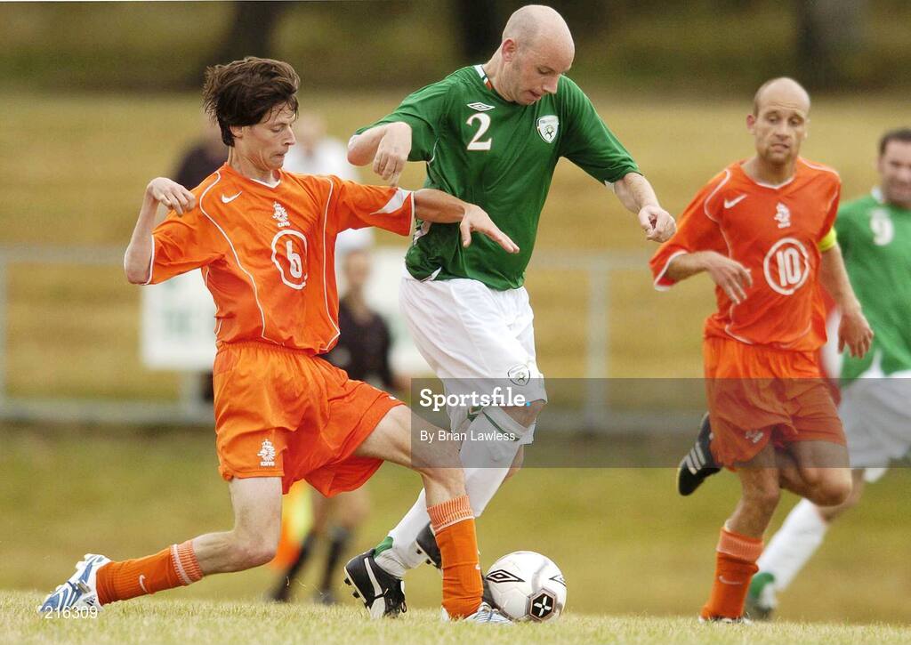 28 July 2006; Paul Dollard, Republic of Ireland, in action against Patrick Beekmans, Netherlands. Cerebral Palsy European Soccer Championships, 3rd / 4th place play-off, Republic of Ireland v Netherlands, Belfield Bowl, UCD, Dublin. Picture credit: Brian Lawless / SPORTSFILE