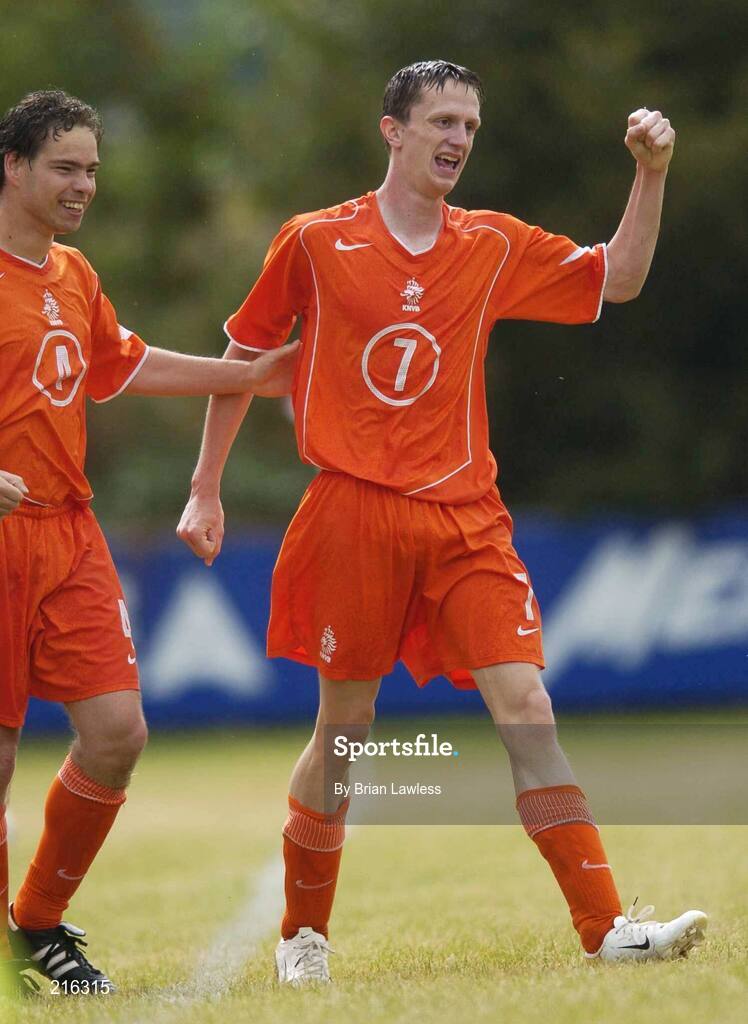 28 July 2006; R. Van Amerongen, Netherlands, right, celebrates with team-mate Jeffrey Bruiner, after scoring his side's first goal. Cerebral Palsy European Soccer Championships, 3rd / 4th place play-off, Republic of Ireland v Netherlands, Belfield Bowl, UCD, Dublin. Picture credit: Brian Lawless / SPORTSFILE