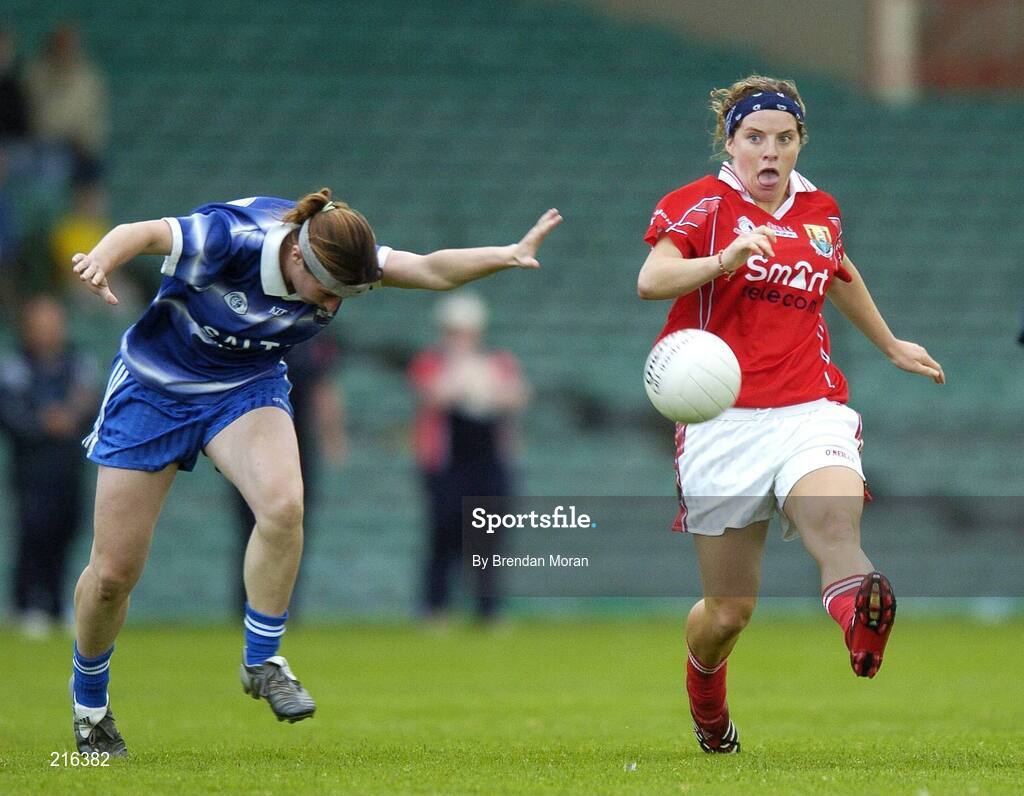 29 July 2006; Valerie Mulcahy, Cork, in action against Lorraine Whelan, Waterford. TG4 Ladies Munster Senior Football Final, Cork v Waterford, Gaelic Grounds, Limerick. Picture credit; Brendan Moran / SPORTSFILE