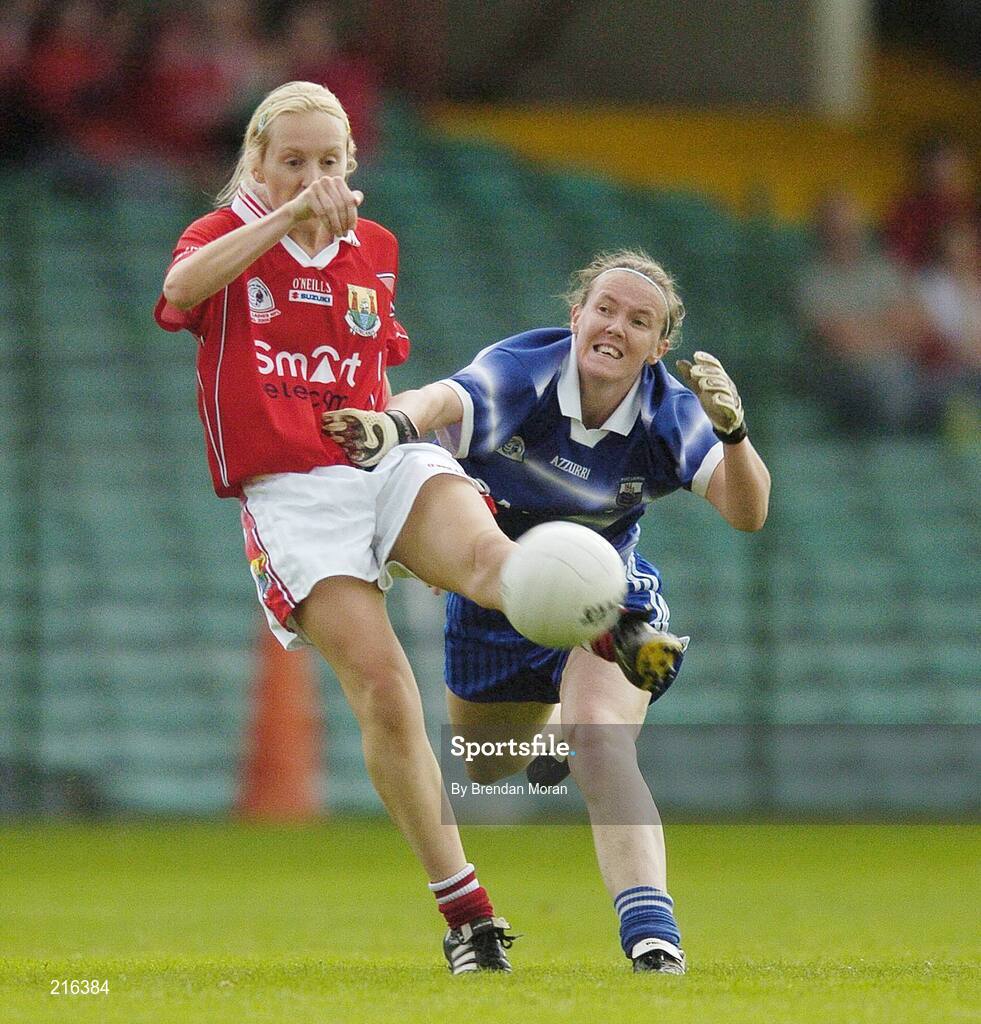 29 July 2006; Nollaig Cleary, Cork, in action against Rebecca Hallahan, Waterford. TG4 Ladies Munster Senior Football Final, Cork v Waterford, Gaelic Grounds, Limerick. Picture credit; Brendan Moran / SPORTSFILE