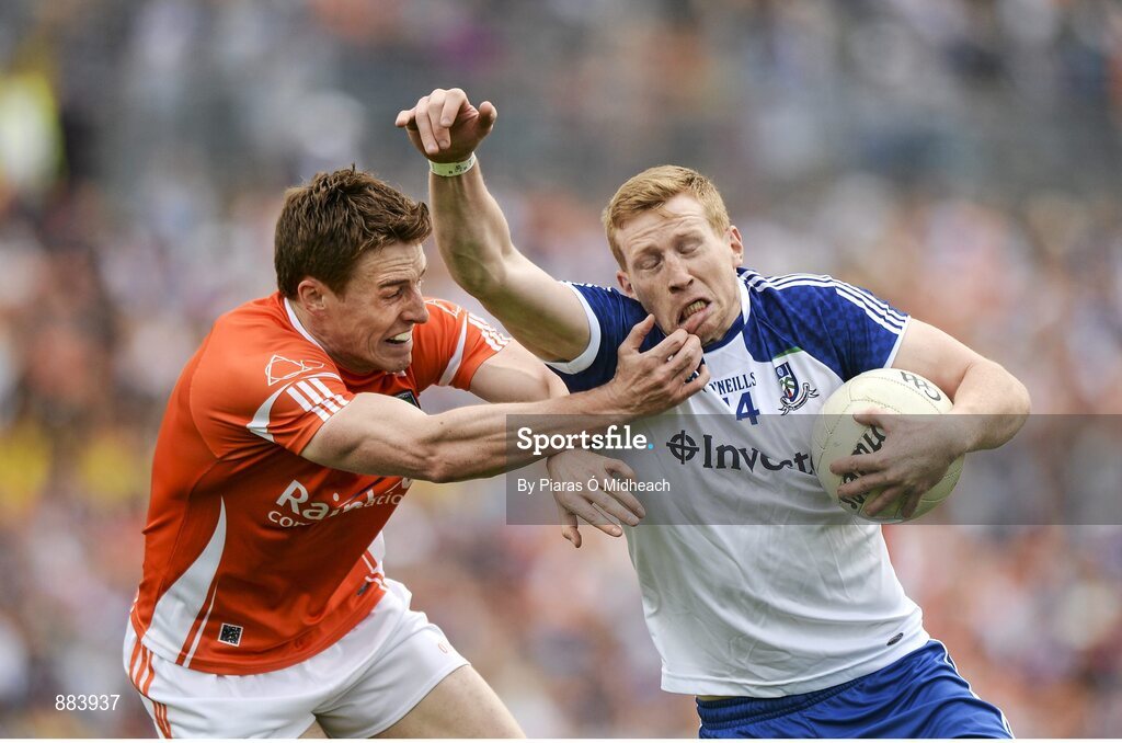 6 July 2014; Kieran Hughes, Monaghan, in action against Charlie Vernon, Armagh. Ulster GAA Football Senior Championship, Semi-Final Replay, Armagh v Monaghan, St Tiernach's Park, Clones, Co. Monaghan. Picture credit: Piaras Ó Mídheach / SPORTSFILE