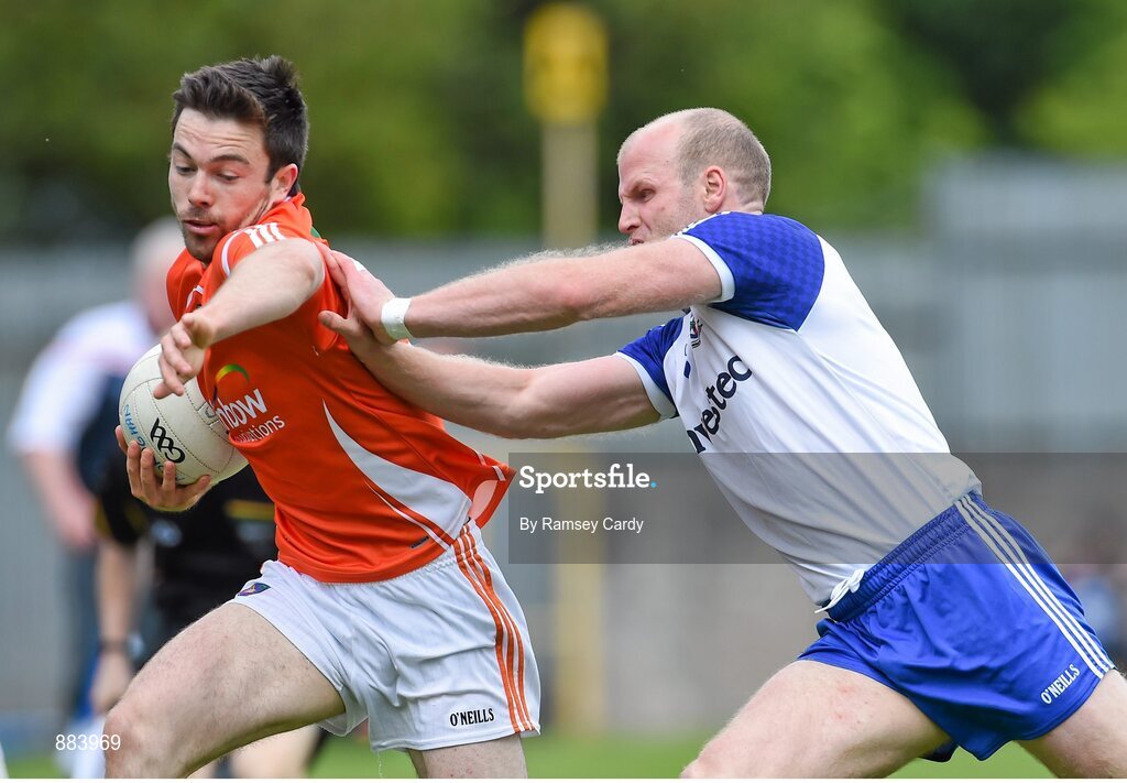 6 July 2014; Aidan Forker, Armagh, in action against Dick Clerkin, Monaghan. Ulster GAA Football Senior Championship, Semi-Final Replay, Armagh v Monaghan, St Tiernach's Park, Clones, Co. Monaghan. Picture credit: Ramsey Cardy / SPORTSFILE