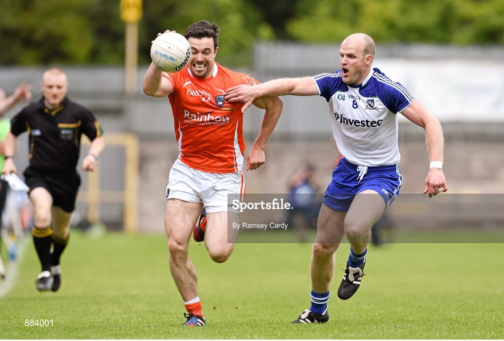 6 July 2014; Aidan Forker, Armagh, in action against Dick Clerkin, Monaghan. Ulster GAA Football Senior Championship, Semi-Final Replay, Armagh v Monaghan, St Tiernach's Park, Clones, Co. Monaghan. Picture credit: Ramsey Cardy / SPORTSFILE