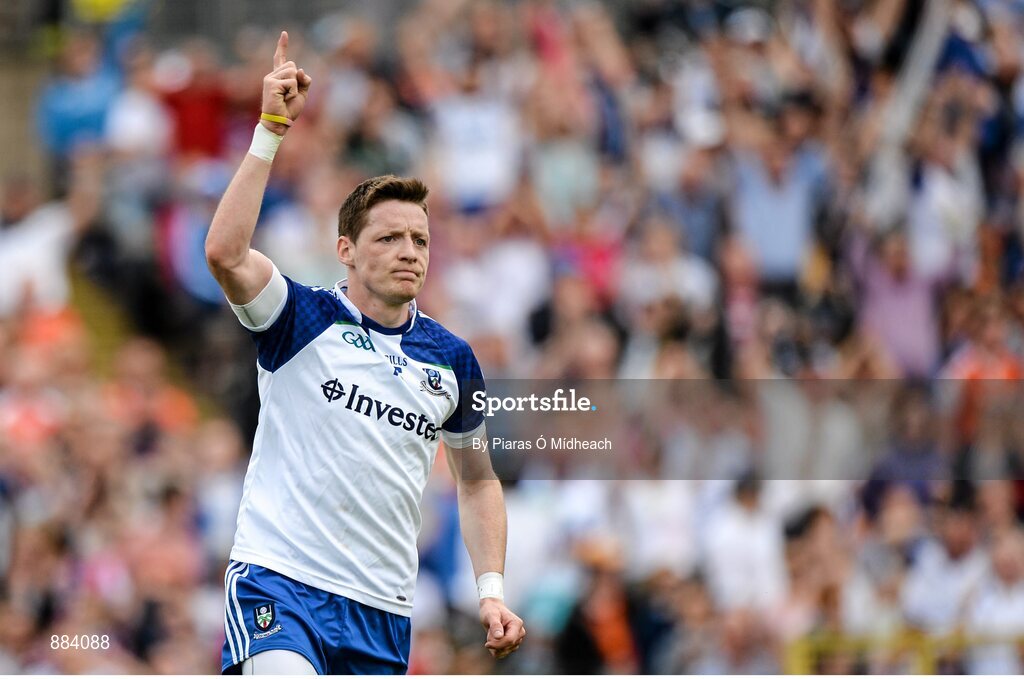 6 July 2014; Conor McManus, Monaghan, celebrates scoring his side's first goal. Ulster GAA Football Senior Championship, Semi-Final Replay, Armagh v Monaghan, St Tiernach's Park, Clones, Co. Monaghan. Picture credit: Piaras Ó Mídheach / SPORTSFILE