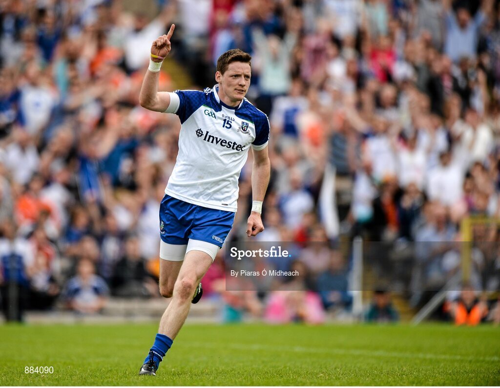 6 July 2014; Conor McManus, Monaghan, celebrates scoring his side's first goal. Ulster GAA Football Senior Championship, Semi-Final Replay, Armagh v Monaghan, St Tiernach's Park, Clones, Co. Monaghan. Picture credit: Piaras Ó Mídheach / SPORTSFILE