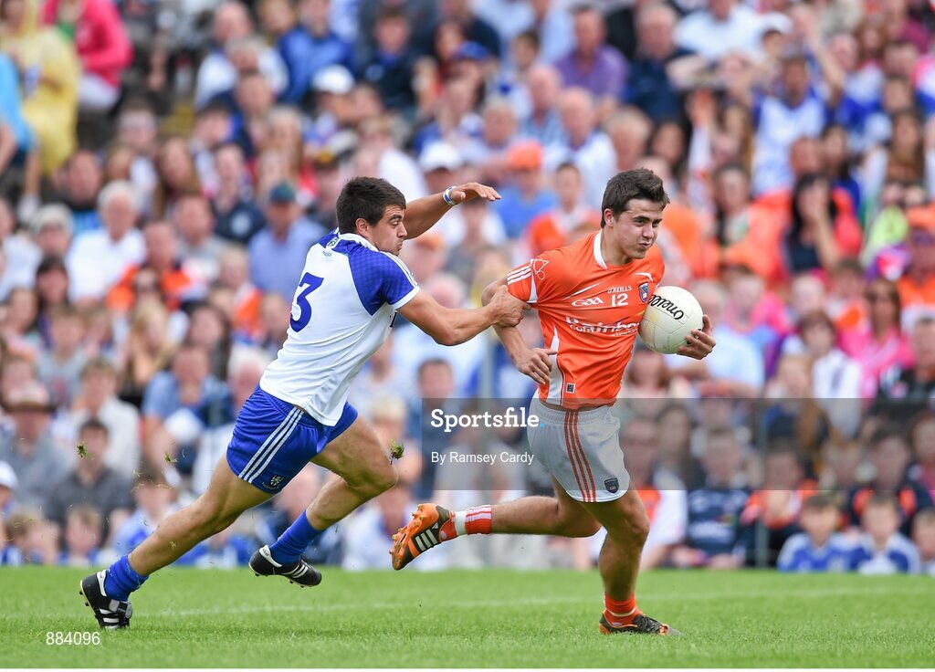 6 July 2014; Stefan Campbell, Armagh, in action against Drew Wylie, Monaghan. Ulster GAA Football Senior Championship, Semi-Final Replay, Armagh v Monaghan, St Tiernach's Park, Clones, Co. Monaghan. Picture credit: Ramsey Cardy / SPORTSFILE