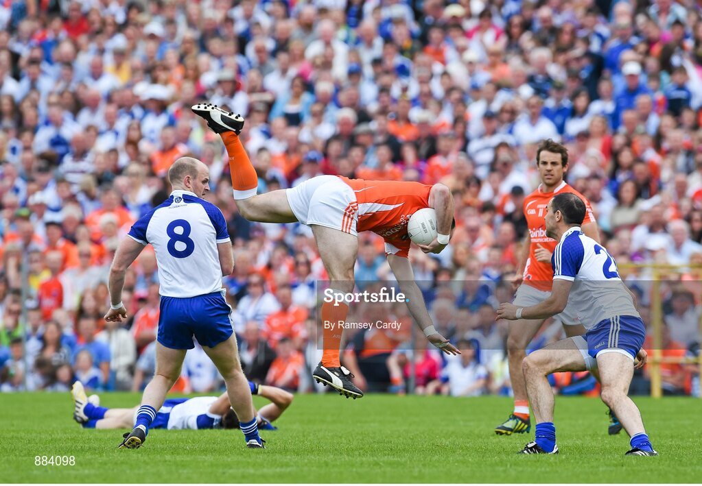 6 July 2014; Ciaran McKeever, Armagh, in action against Dick Clerkin, Monaghan. Ulster GAA Football Senior Championship, Semi-Final Replay, Armagh v Monaghan, St Tiernach's Park, Clones, Co. Monaghan. Picture credit: Ramsey Cardy / SPORTSFILE