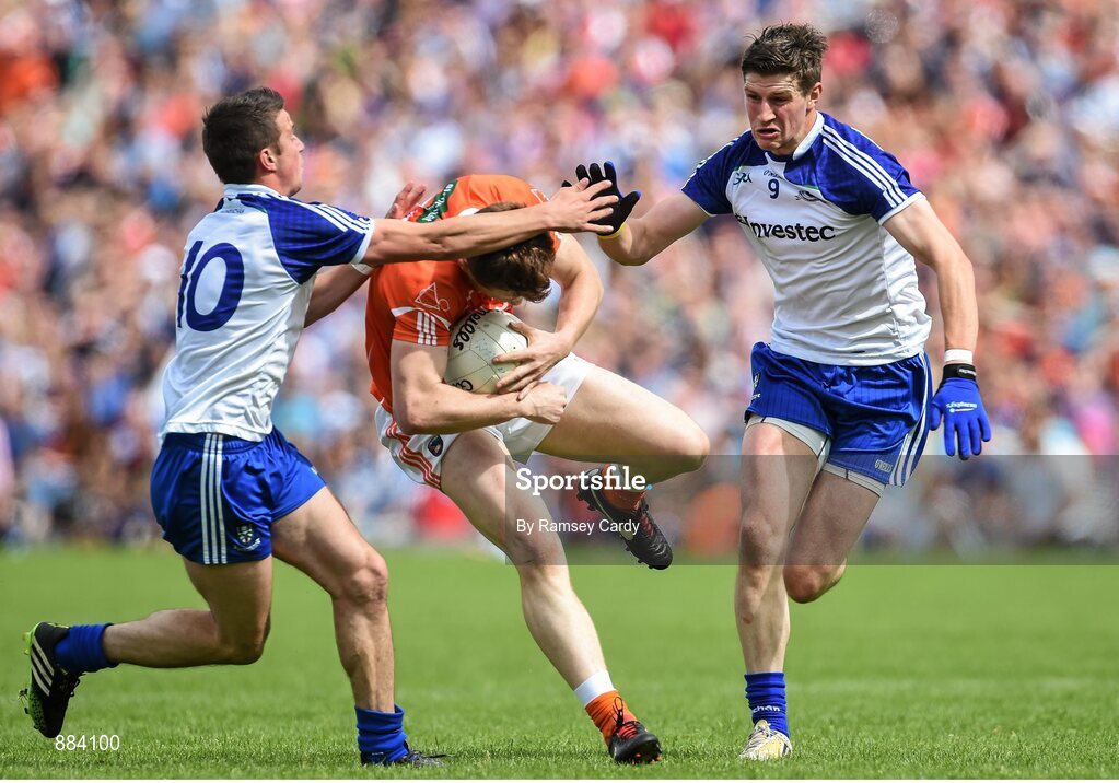 6 July 2014; Charlie Vernon, Armagh, in action against Ryan Wylie, left, and Darren Hughes, Monaghan. Ulster GAA Football Senior Championship, Semi-Final Replay, Armagh v Monaghan, St Tiernach's Park, Clones, Co. Monaghan. Picture credit: Ramsey Cardy / SPORTSFILE