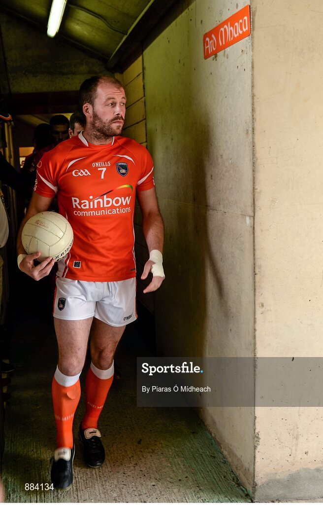 6 July 2014; Armagh captain Ciaran McKeever leads his side out for the first half. Ulster GAA Football Senior Championship, Semi-Final Replay, Armagh v Monaghan, St Tiernach's Park, Clones, Co. Monaghan. Picture credit: Piaras Ó Mídheach / SPORTSFILE