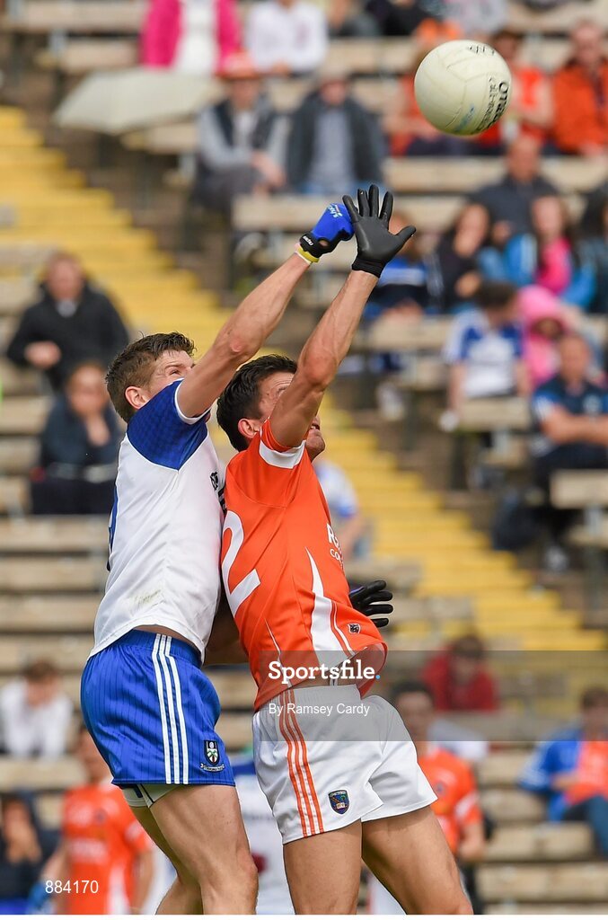 6 July 2014; Stephen Harold, Armagh, in action against Darren Hughes, Monaghan. Ulster GAA Football Senior Championship, Semi-Final Replay, Armagh v Monaghan, St Tiernach's Park, Clones, Co. Monaghan. Picture credit: Ramsey Cardy / SPORTSFILE