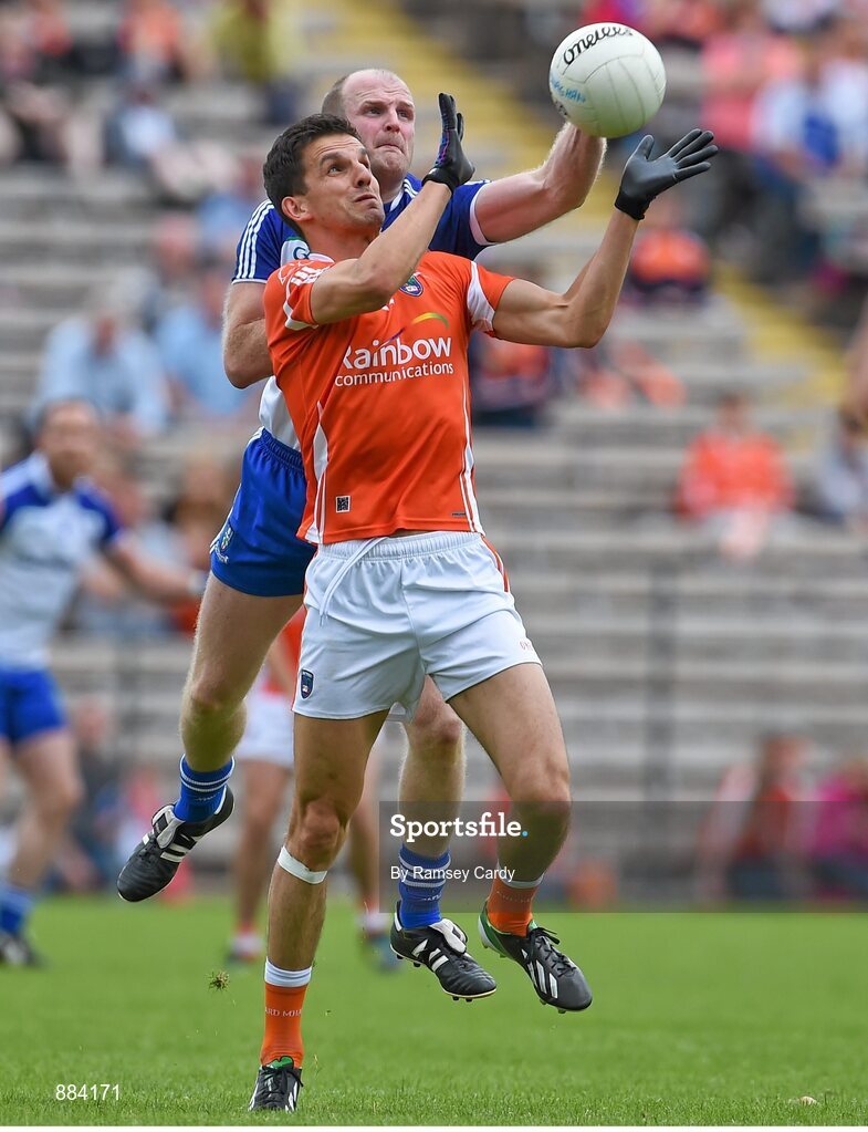 6 July 2014; Stephen Harold, Armagh, in action against Dick Clerkin, Monaghan. Ulster GAA Football Senior Championship, Semi-Final Replay, Armagh v Monaghan, St Tiernach's Park, Clones, Co. Monaghan. Picture credit: Ramsey Cardy / SPORTSFILE