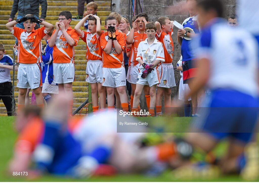 6 July 2014; Armagh players from the half time mini game watch on as Armagh miss a chance late in the first half. Ulster GAA Football Senior Championship, Semi-Final Replay, Armagh v Monaghan, St Tiernach's Park, Clones, Co. Monaghan. Picture credit: Ramsey Cardy / SPORTSFILE