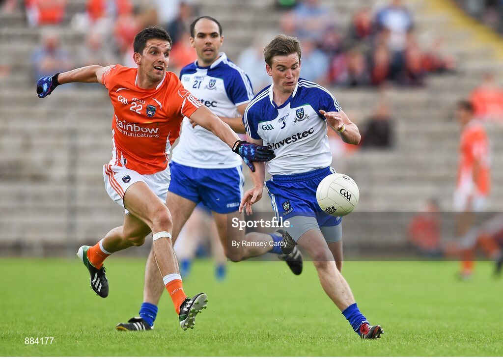 6 July 2014; Dessie Mone, Monaghan, in action against Stephen Harold, Armagh. Ulster GAA Football Senior Championship, Semi-Final Replay, Armagh v Monaghan, St Tiernach's Park, Clones, Co. Monaghan. Picture credit: Ramsey Cardy / SPORTSFILE