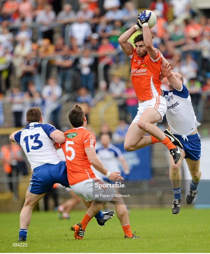 6 July 2014; Aaron Findon, Armagh, in action against Dick Clerkin, Monaghan. Ulster GAA Football Senior Championship, Semi-Final Replay, Armagh v Monaghan, St Tiernach's Park, Clones, Co. Monaghan. Picture credit: Piaras Ó Mídheach / SPORTSFILE