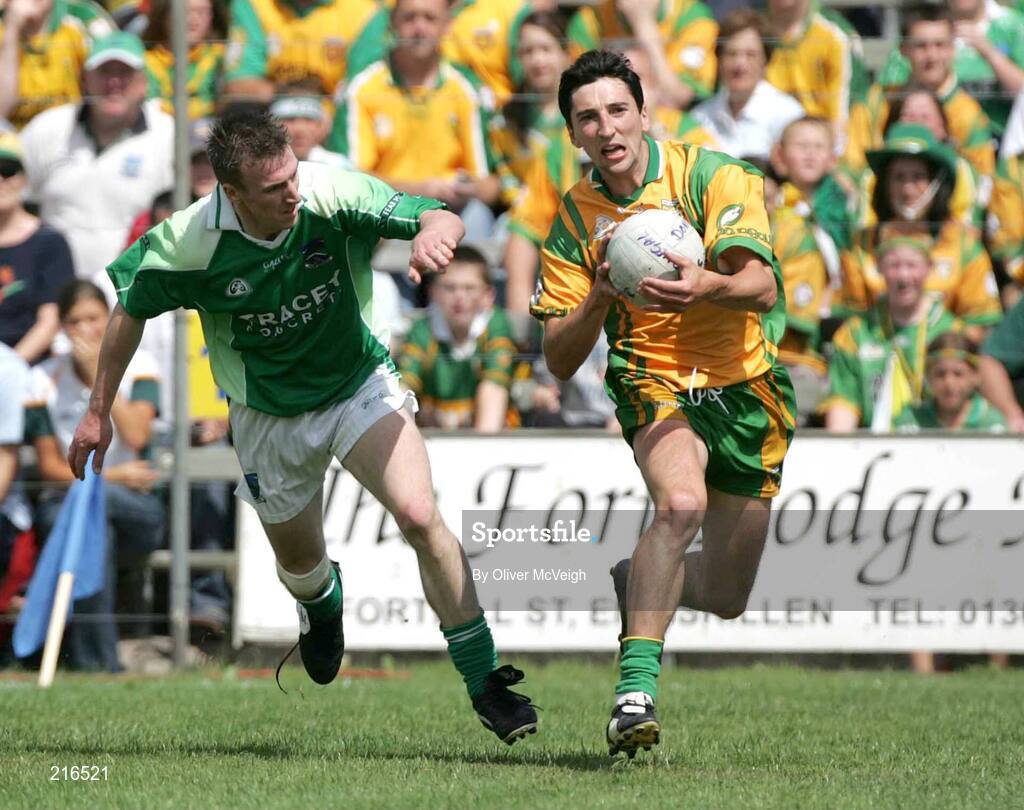 30 July 2006; Hugh Brady, Fermanagh, in action against Michael Hegarty, Donegal. Bank of Ireland All-Ireland Senior Football Championship Qualifier, Round 4, Fermanagh v Donegal, Brewster Park, Enniskillen, Co. Fermanagh. Picture credit; Oliver McVeigh / SPORTSFILE