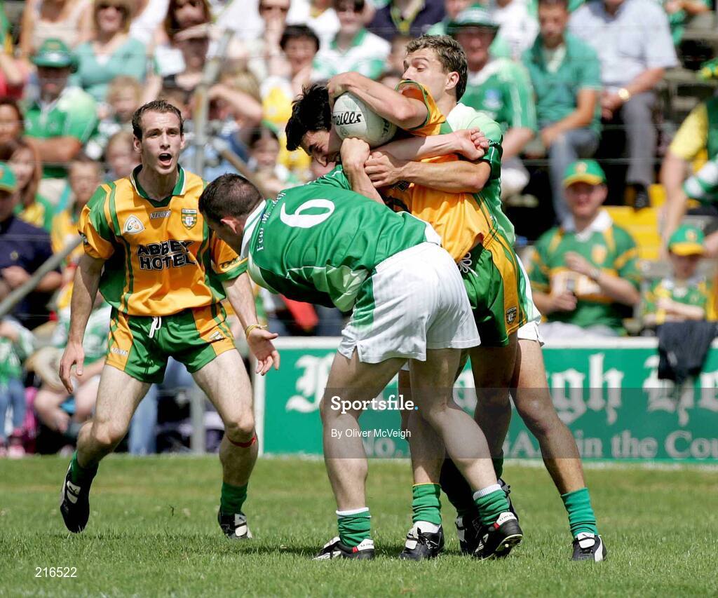 30 July 2006; Hugh Brady and Ryan Mc Cluskey, Fermanagh, in action against Michael Hegarty, Donegal. Bank of Ireland All-Ireland Senior Football Championship Qualifier, Round 4, Fermanagh v Donegal, Brewster Park, Enniskillen, Co. Fermanagh. Picture credit; Oliver McVeigh / SPORTSFILE