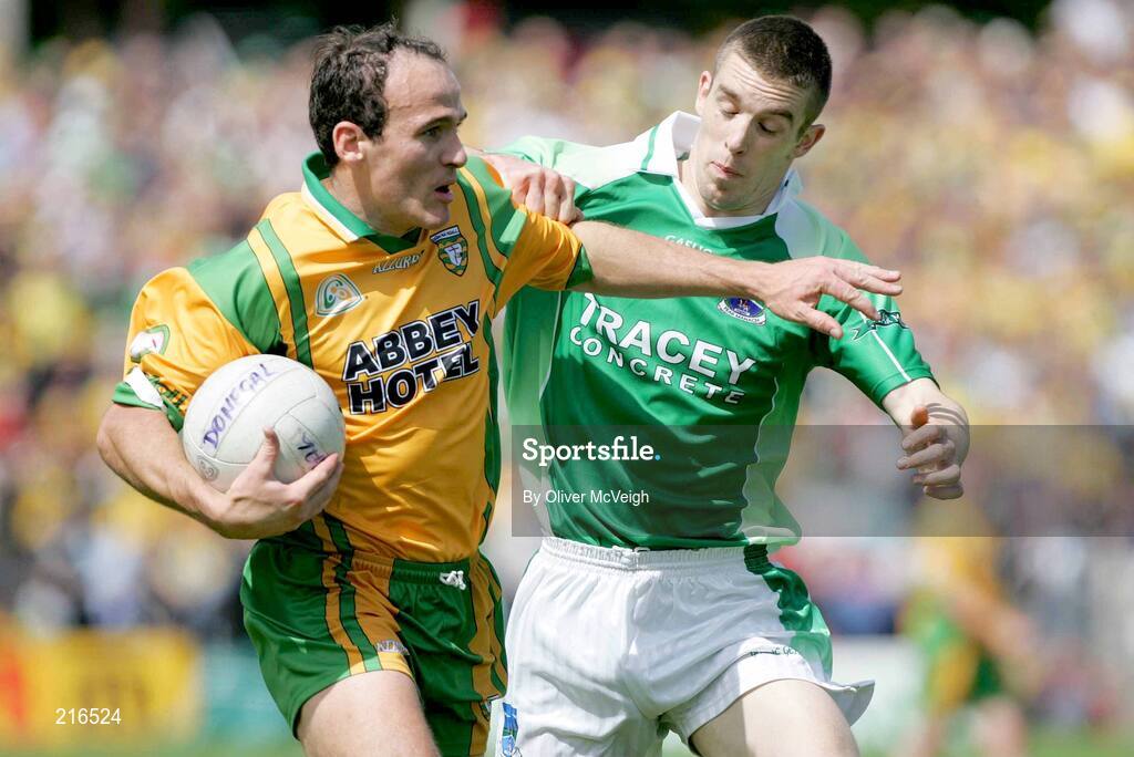 30 July 2006; Barry Owens, Fermanagh, in action against James Gallagher, Donegal. Bank of Ireland All-Ireland Senior Football Championship Qualifier, Round 4, Fermanagh v Donegal, Brewster Park, Enniskillen, Co. Fermanagh. Picture credit; Oliver McVeigh / SPORTSFILE