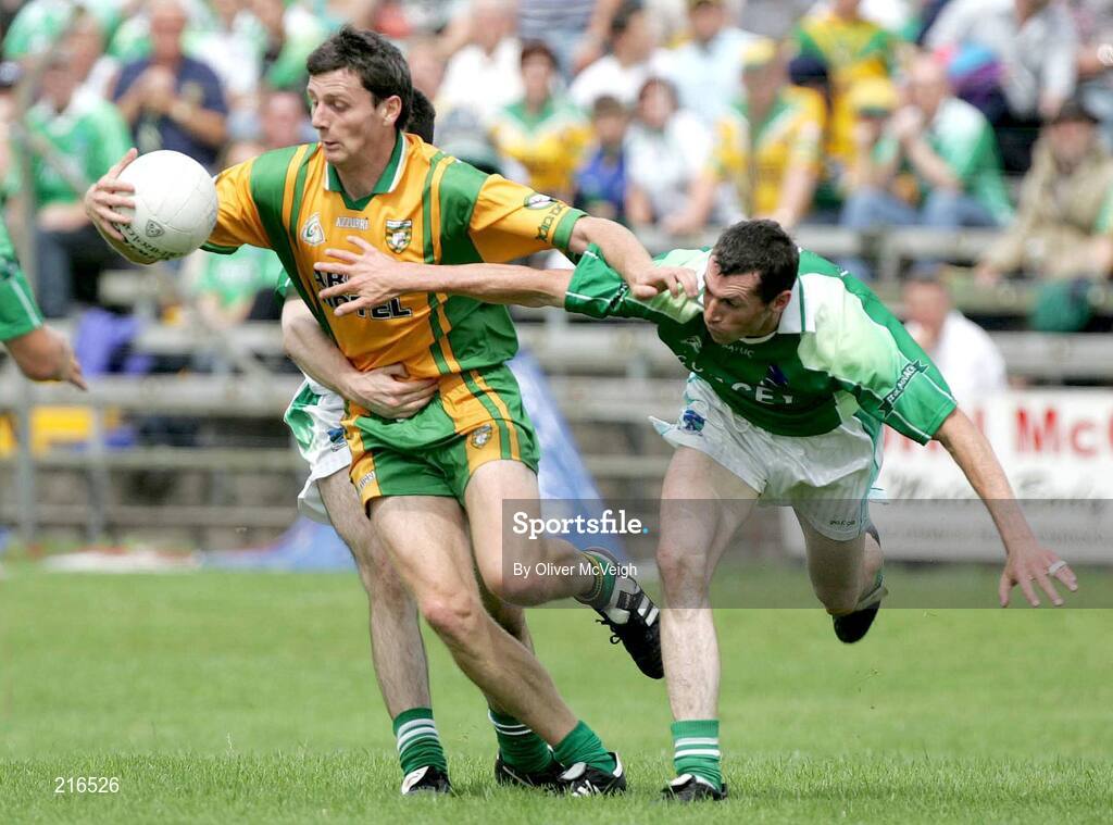 30 July 2006; Christy Toye, Donegal, in action against Raymond Johnston, Fermanagh. Bank of Ireland All-Ireland Senior Football Championship Qualifier, Round 4, Fermanagh v Donegal, Brewster Park, Enniskillen, Co. Fermanagh. Picture credit; Oliver McVeigh / SPORTSFILE