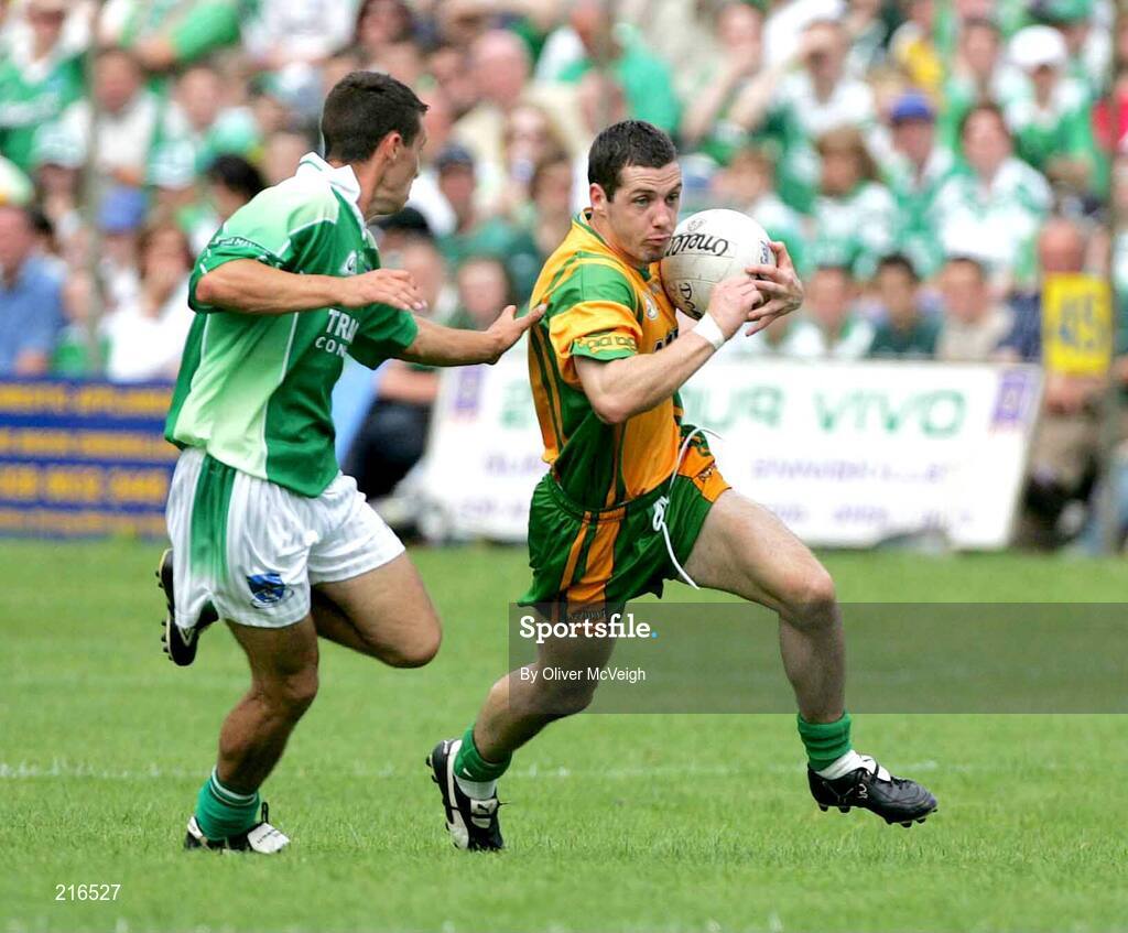 30 July 2006; James Sherry, Fermanagh, in action against Barry Dunnion, Donegal. Bank of Ireland All-Ireland Senior Football Championship Qualifier, Round 4, Fermanagh v Donegal, Brewster Park, Enniskillen, Co. Fermanagh. Picture credit; Oliver McVeigh / SPORTSFILE