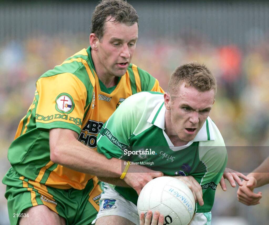 30 July 2006; Martin McGrath, Fermanagh, in action against Barry Monaghan, Donegal. Bank of Ireland All-Ireland Senior Football Championship Qualifier, Round 4, Fermanagh v Donegal, Brewster Park, Enniskillen, Co. Fermanagh. Picture credit; Oliver McVeigh / SPORTSFILE