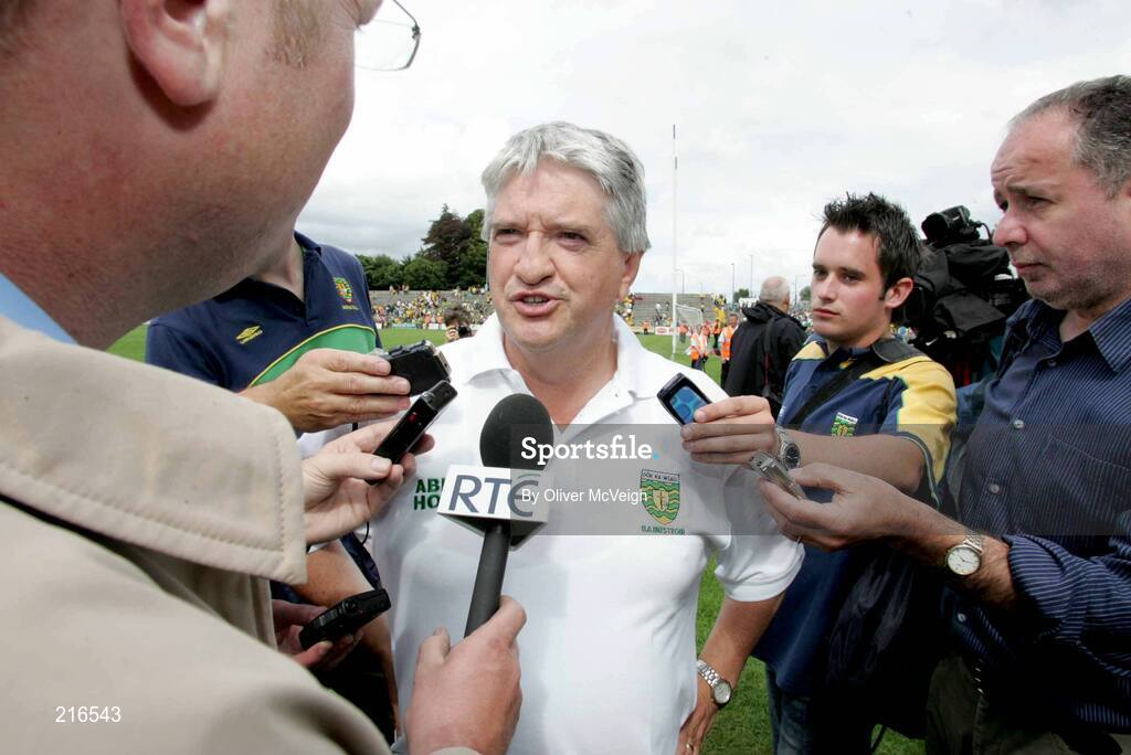 30 July 2006; Donegal manager Brian McIver being interviewed after the game. Bank of Ireland All-Ireland Senior Football Championship Qualifier, Round 4, Fermanagh v Donegal, Brewster Park, Enniskillen, Co. Fermanagh. Picture credit; Oliver McVeigh / SPORTSFILE